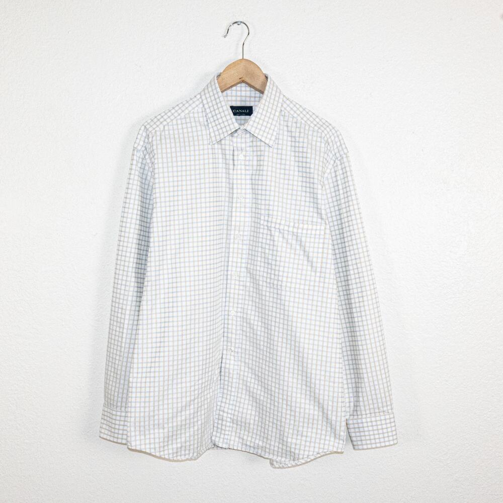 CANALI Made in Italy Button up Dress Shirt white w blue beige sz 16
